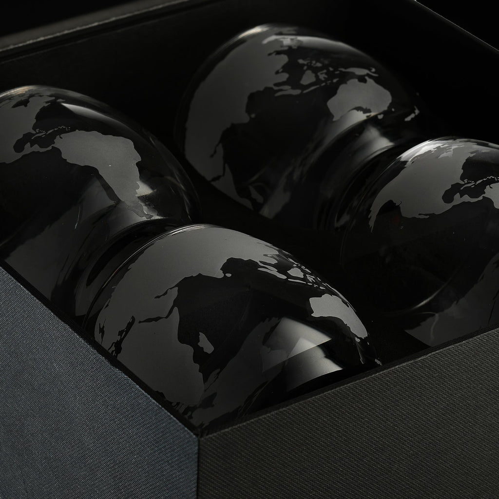 Etched World Globe Whiskey Glasses