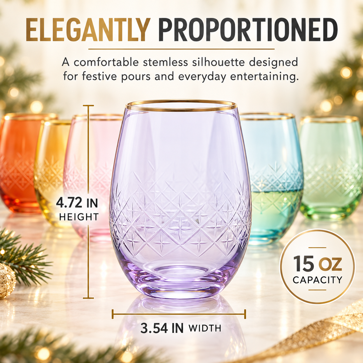 Art Deco Stemless Wine Glasses, Set of 6
