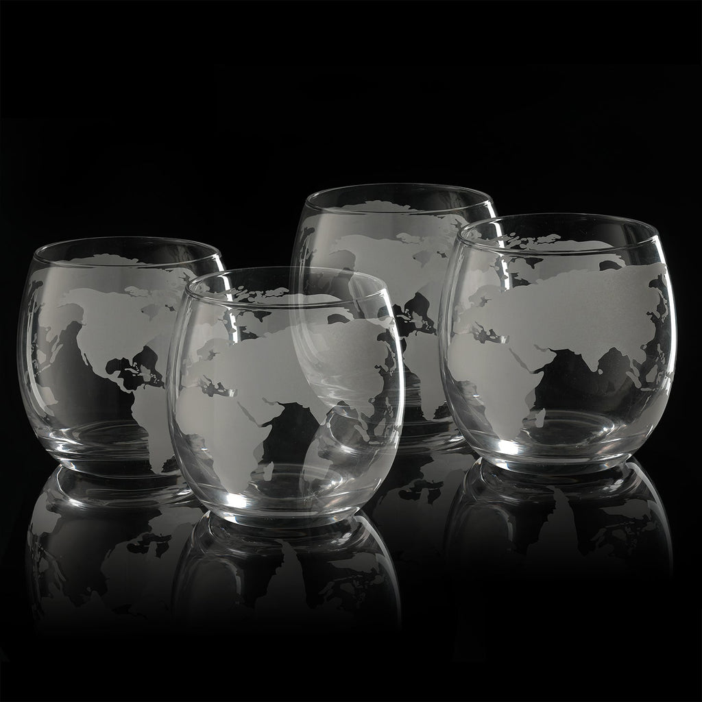 Etched World Globe Whiskey Glasses