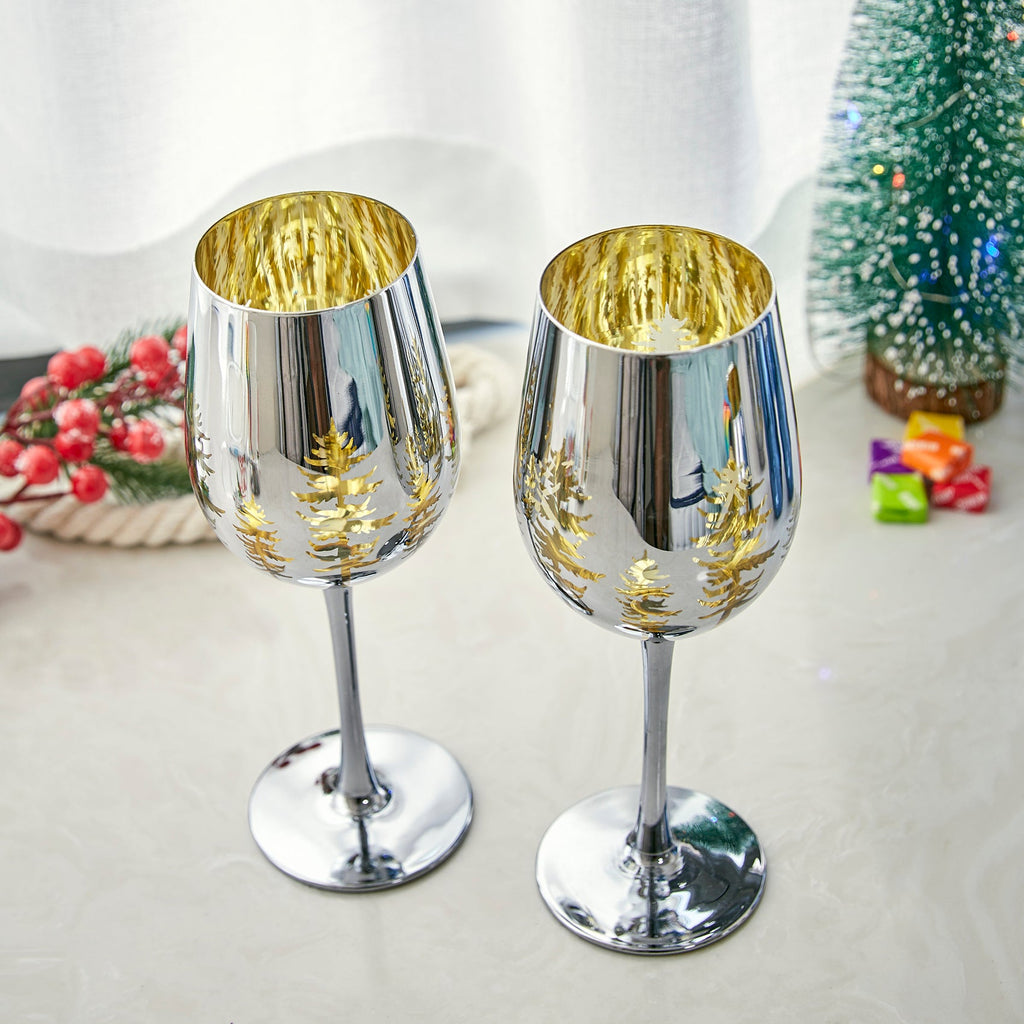 Christmas Tree Stemmed Wine Glasses, Gold Etched, Set of 2