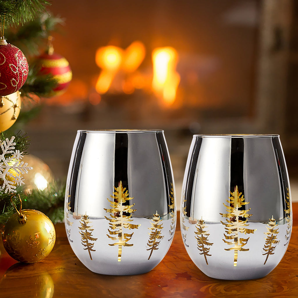 Christmas Tree Stemless Wine Glasses, Gold Etched, Set of 2
