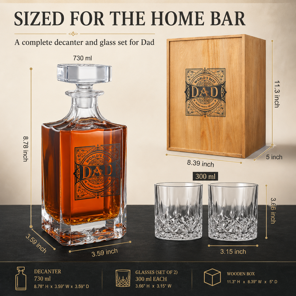Whiskey Decanter Gift Set, 730 ml, with 2 Glasses