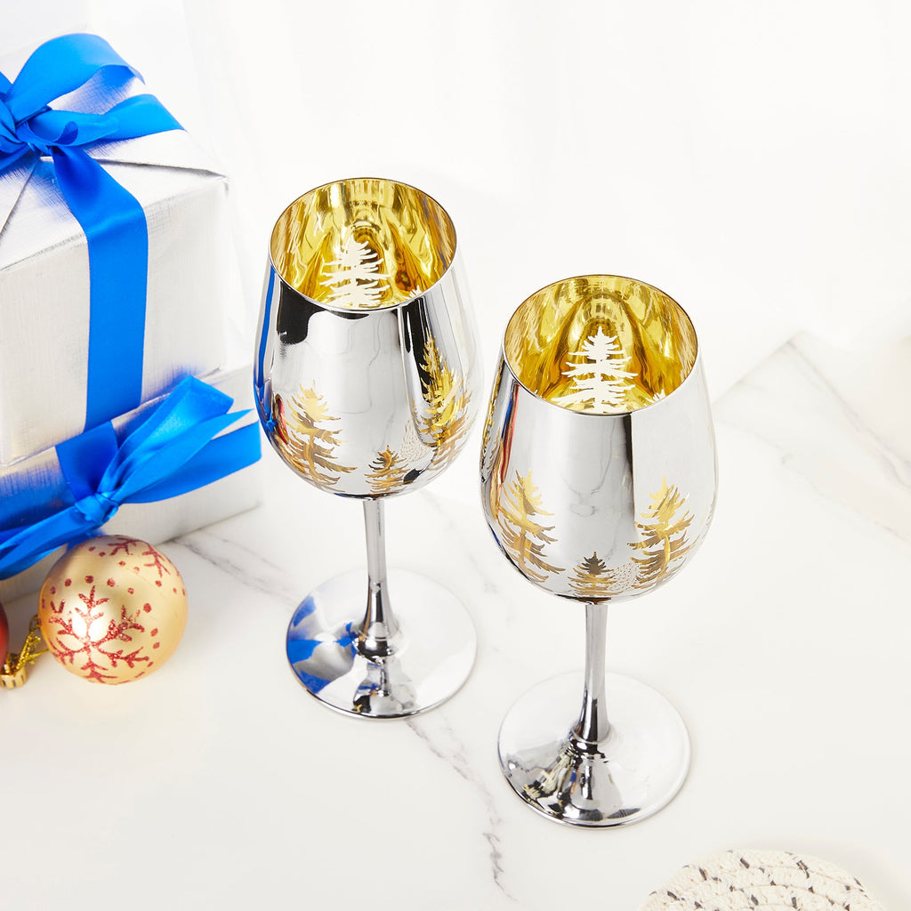 Christmas Tree Stemmed Wine Glasses, Gold Etched, Set of 2