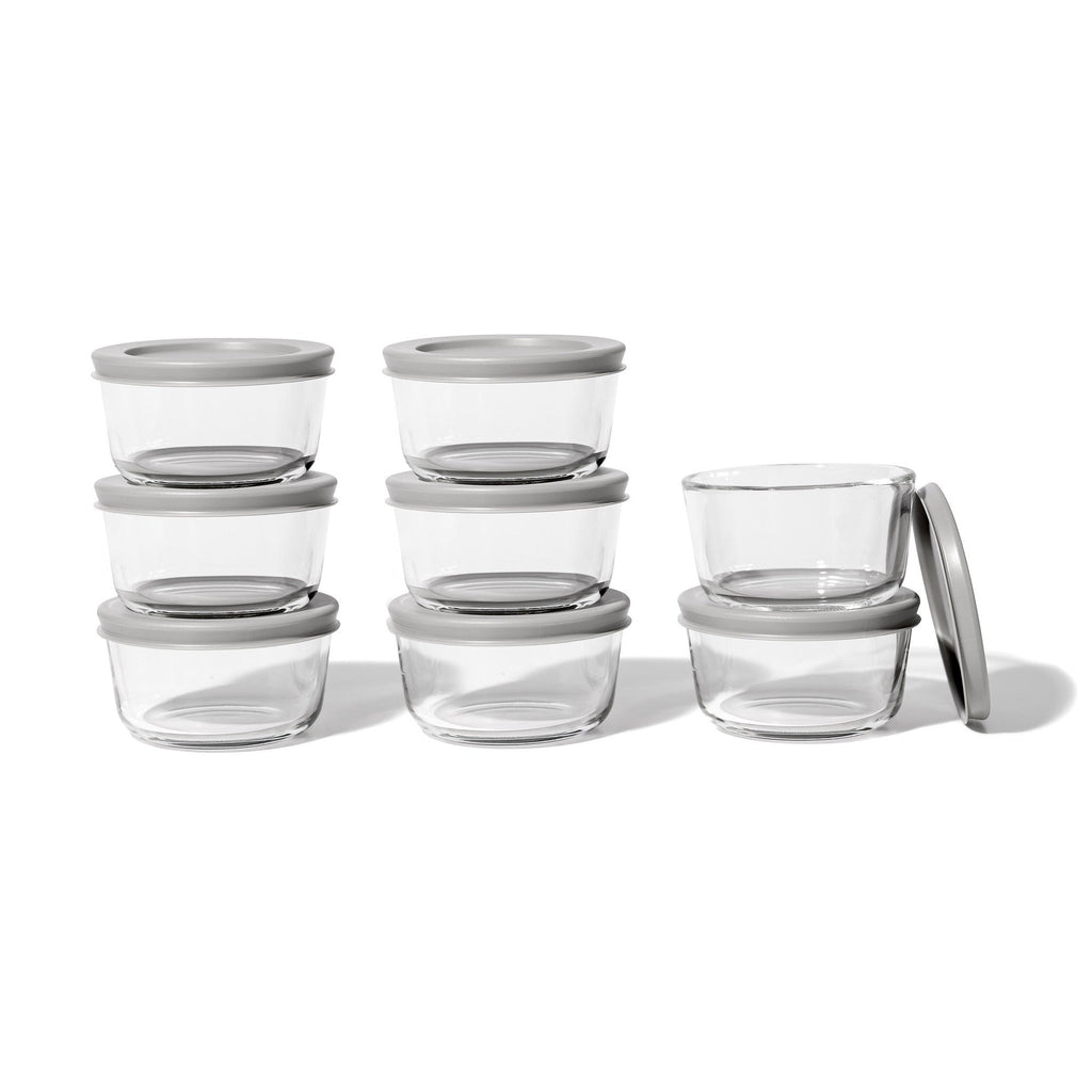 Round Glass Storage Set with Lids, 16 Piece (1 Cup), Grey