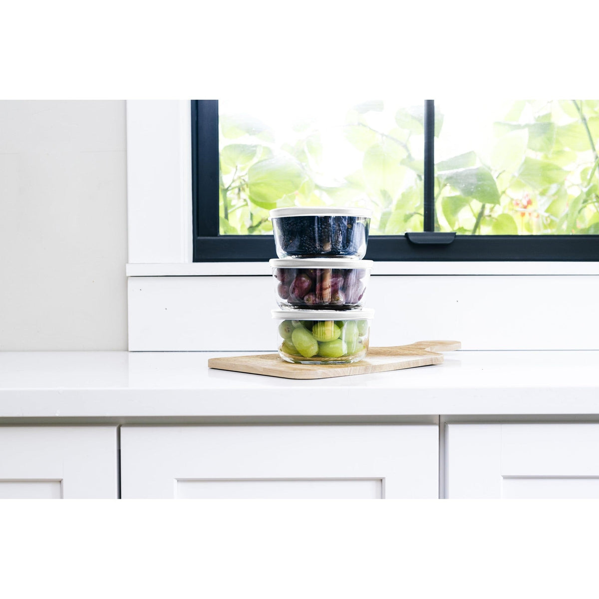 Round Glass Storage Set with Lids, 6 Piece (2 Cup), White