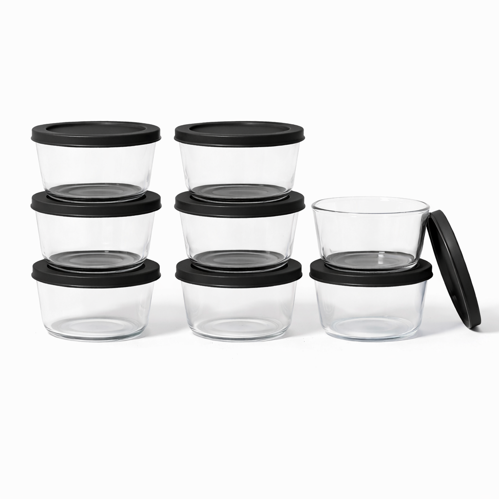 Round Glass Storage Set with Lids, 16 Piece (1 Cup), Black