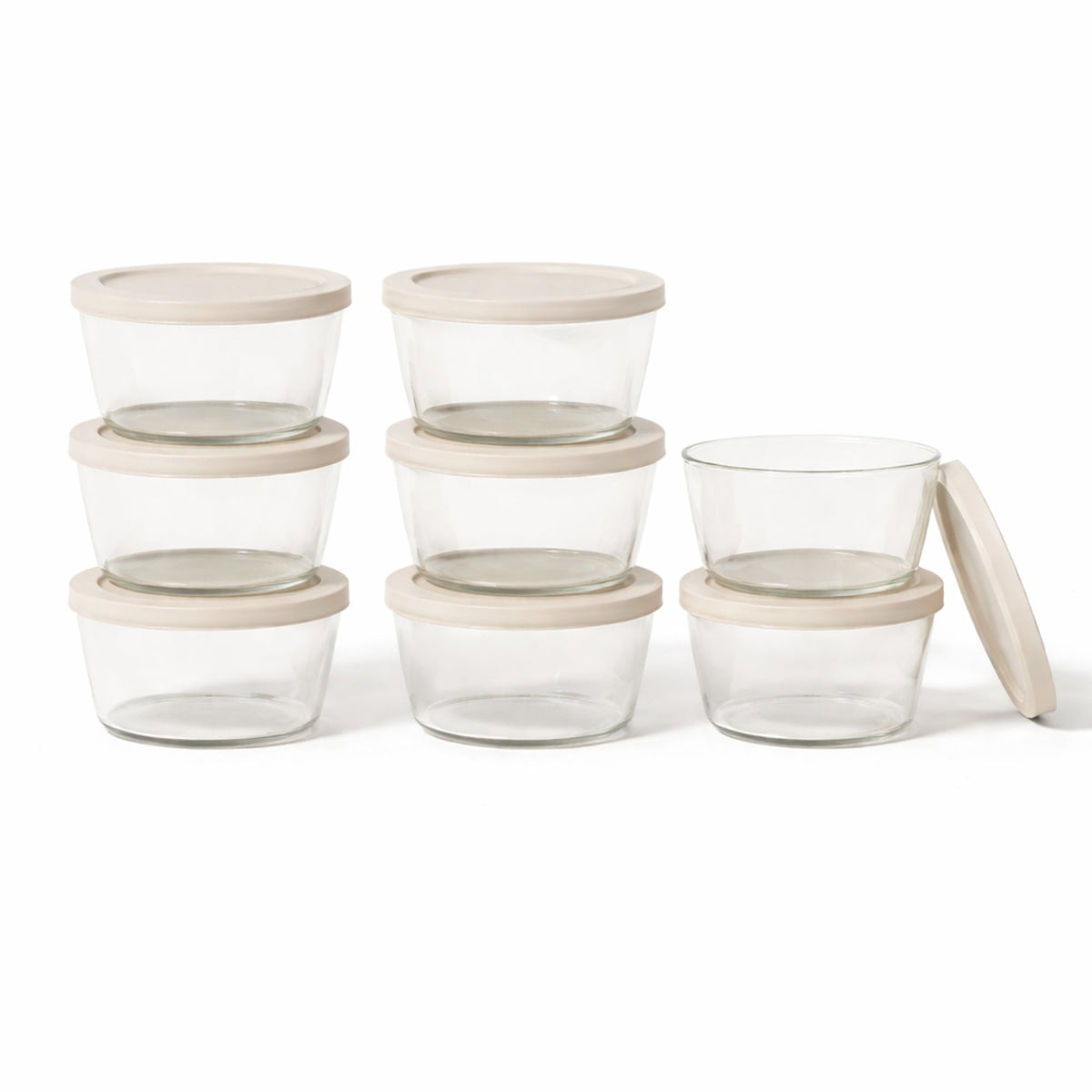 Round Glass Storage Set with Lids, 16 Piece (1 Cup), Warm Beige
