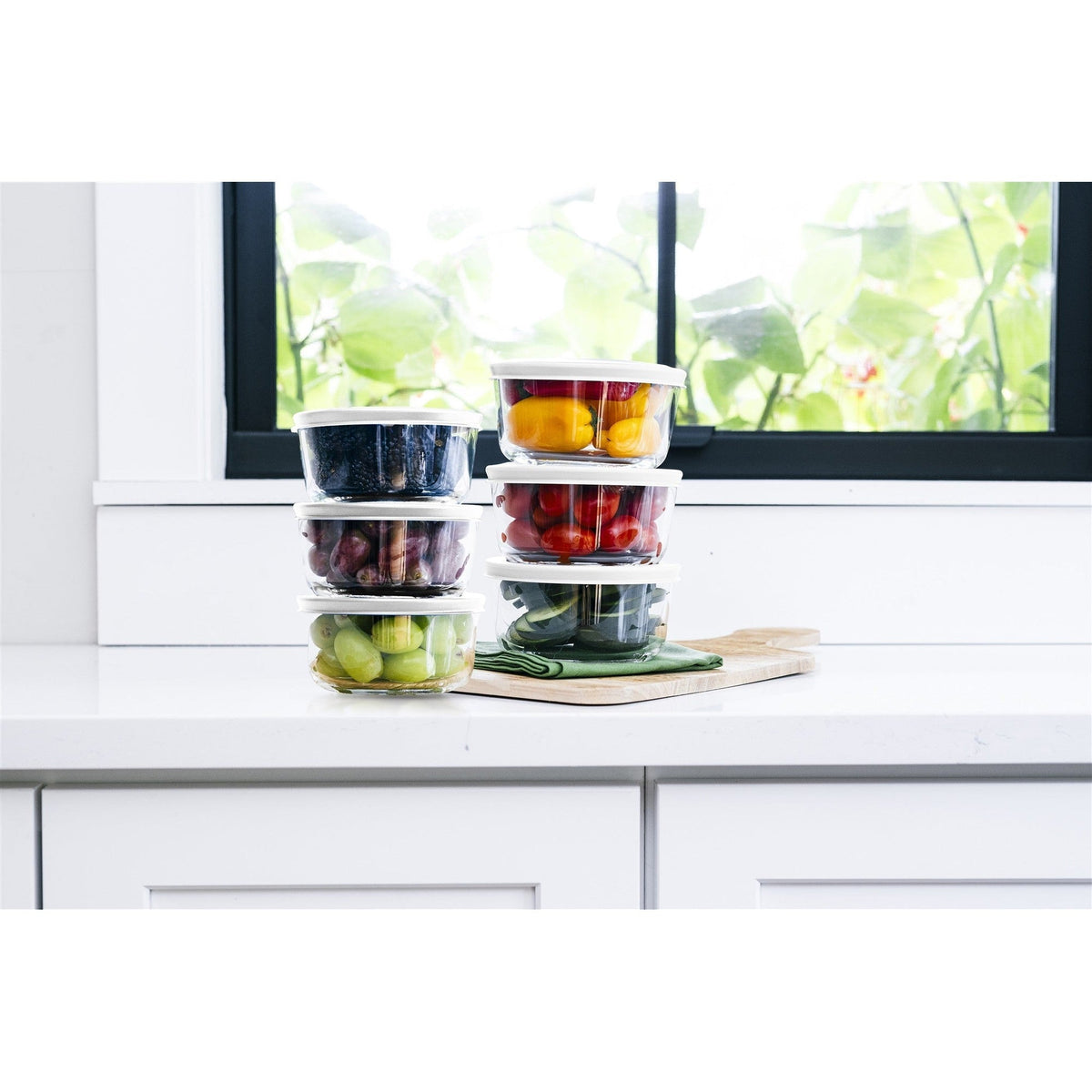 Round Glass Storage Set with Lids, 12 Piece (2 Cup), White