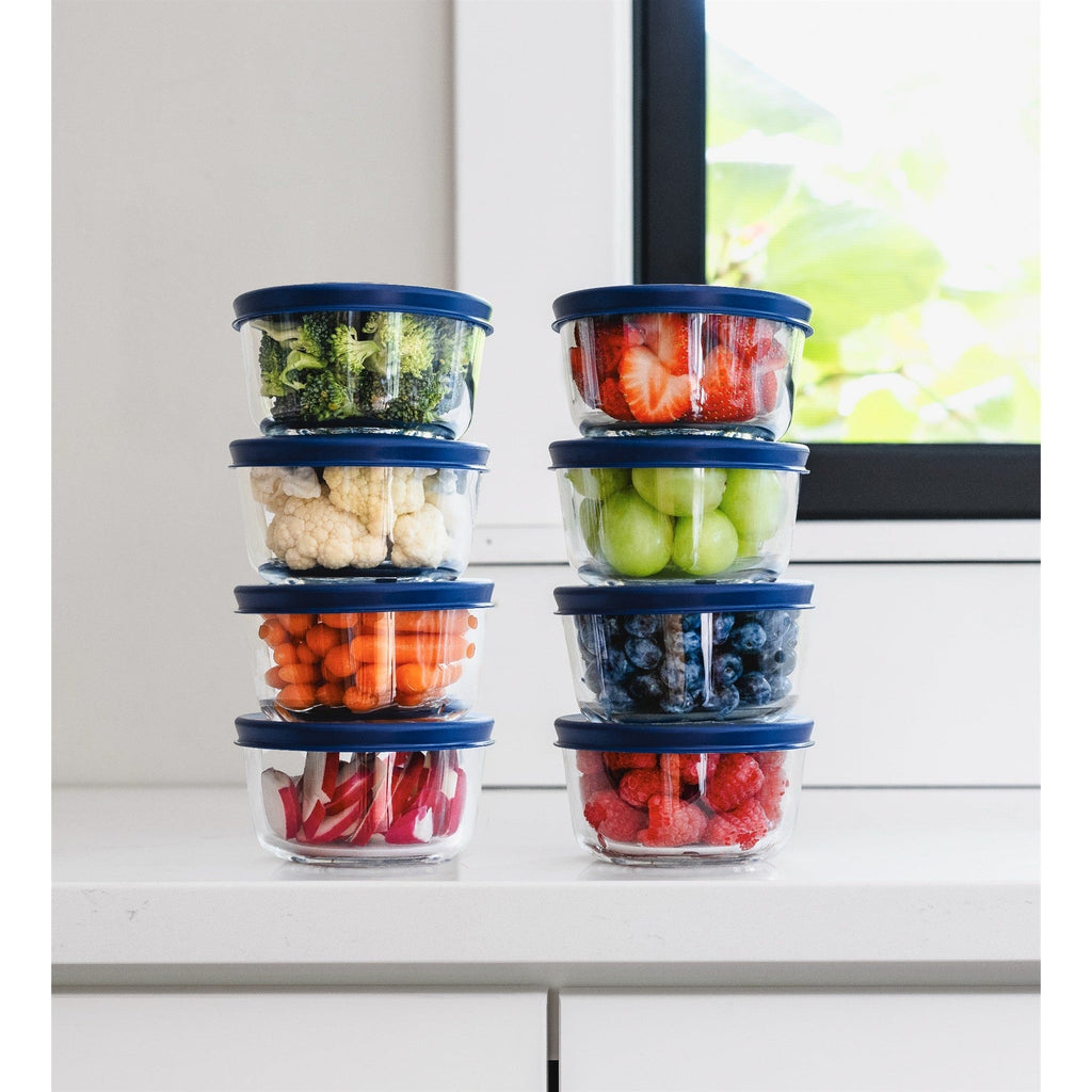 Round Glass Storage Set with Lids, 16 Piece (7 oz), Blue