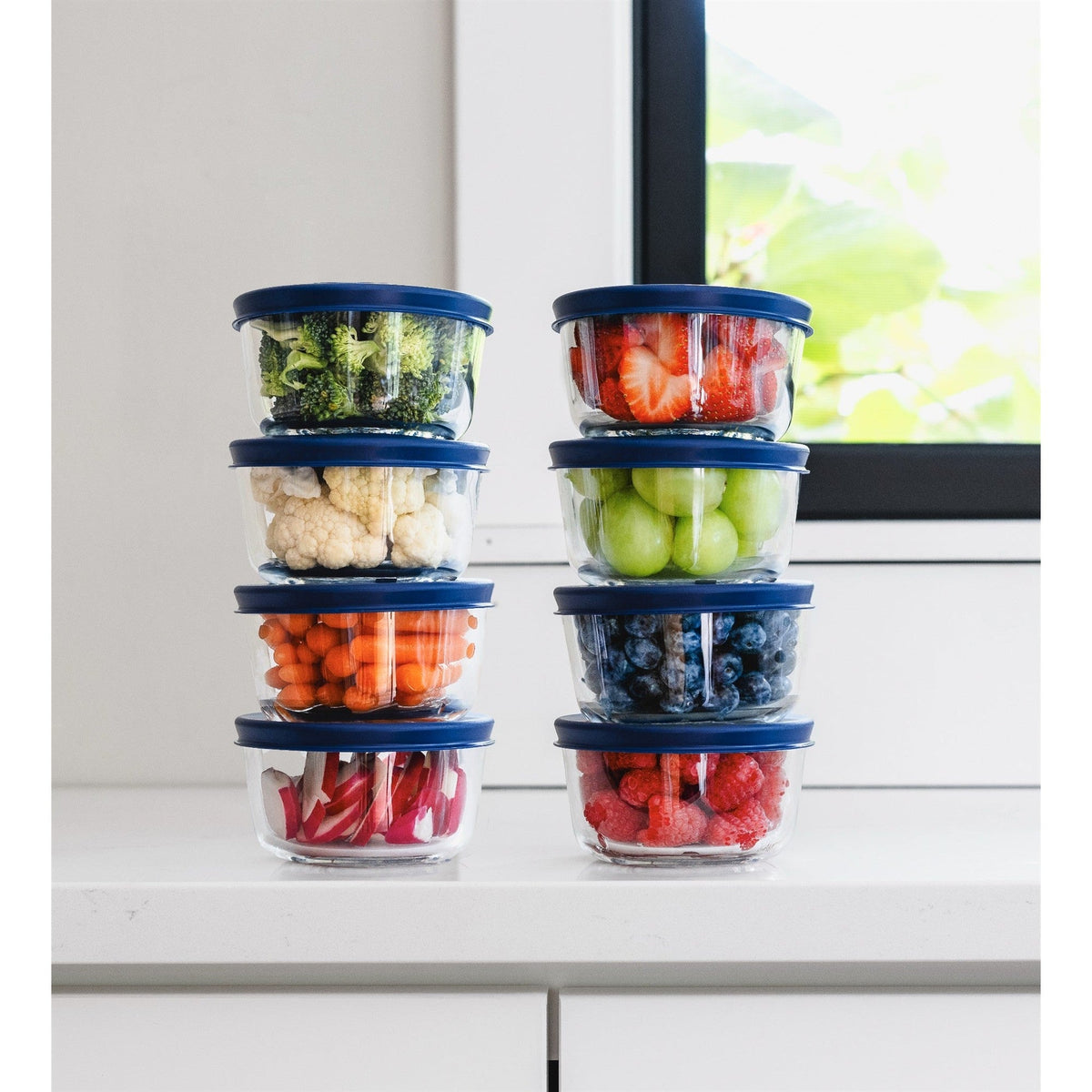 Round Glass Storage Set with Lids, 16 Piece (7 oz), Blue
