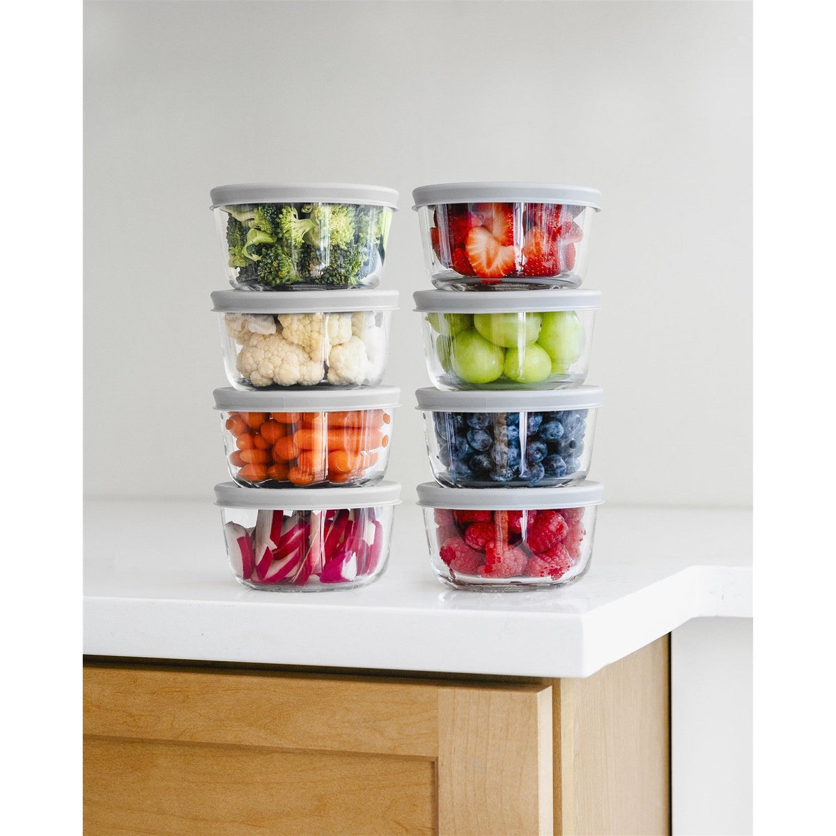 Round Glass Storage Set with Lids, 16 Piece (7 oz), Grey