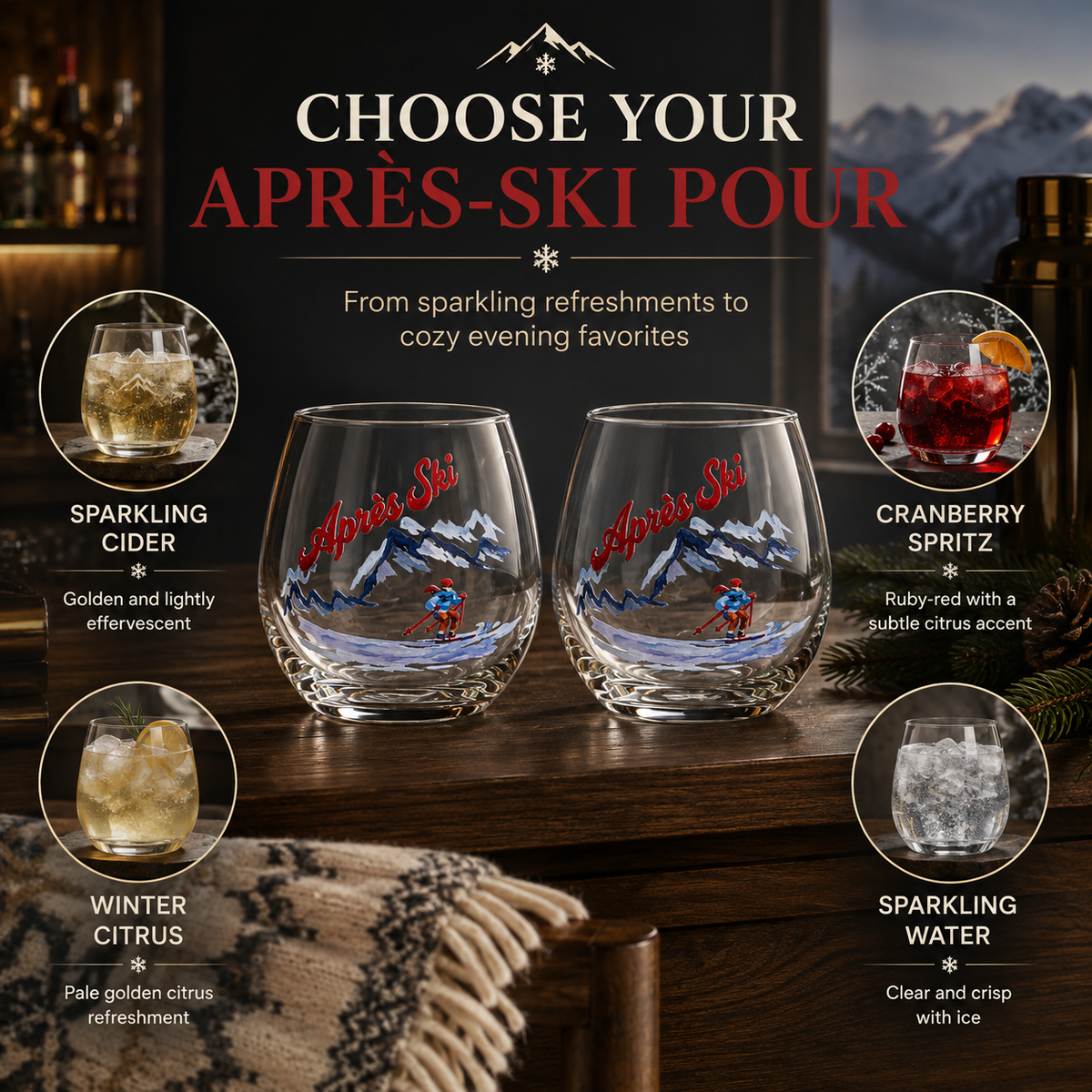 Apres Ski Stemless Tumblers, 15.5 oz, Set of 2