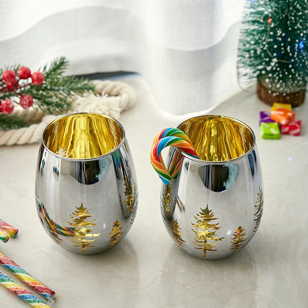 Christmas Tree Stemless Wine Glasses, Gold Etched, Set of 2