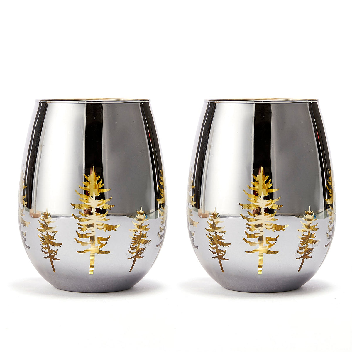 Christmas Tree Stemless Wine Glasses, Gold Etched, Set of 2