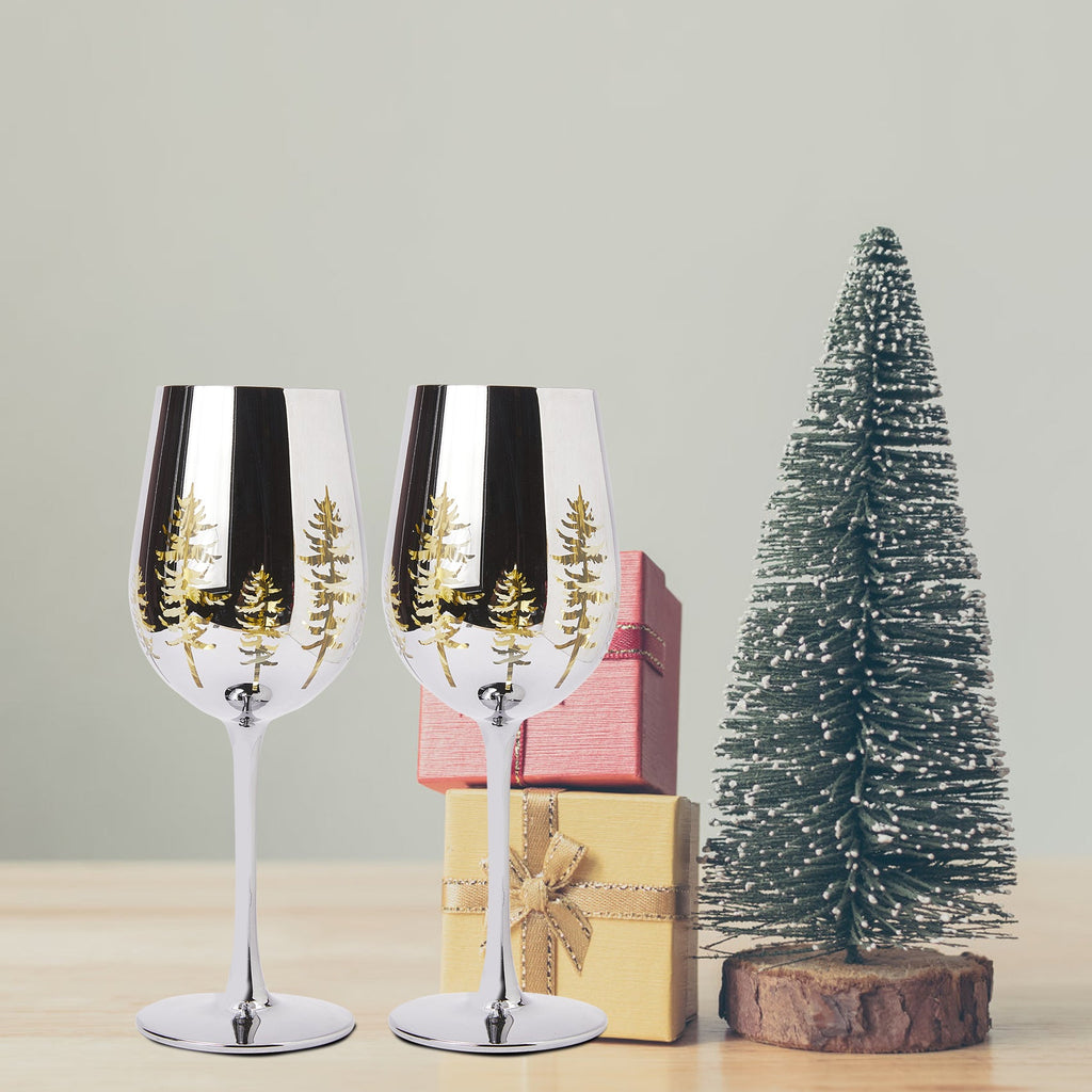 Christmas Tree Stemmed Wine Glasses, Gold Etched, Set of 2