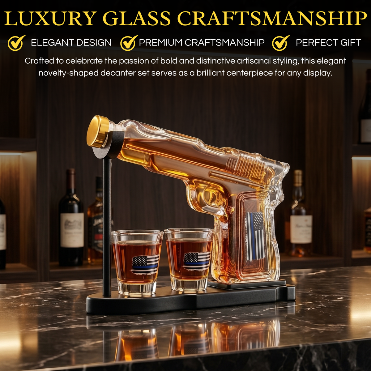 Police Flag Pistol Whiskey Decanter Set, Gift for Men