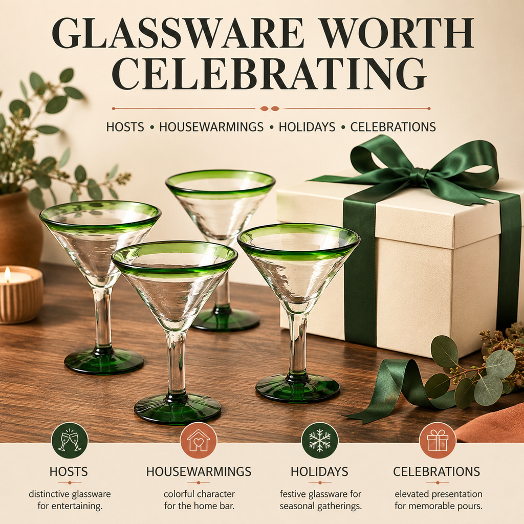 Hand-Blown Green Margarita Glasses, Set of 4