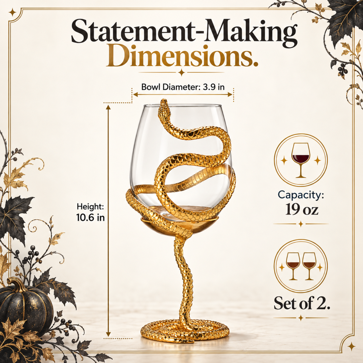 Stemmed Snake Wine Glasses, 19 oz, Set of 2