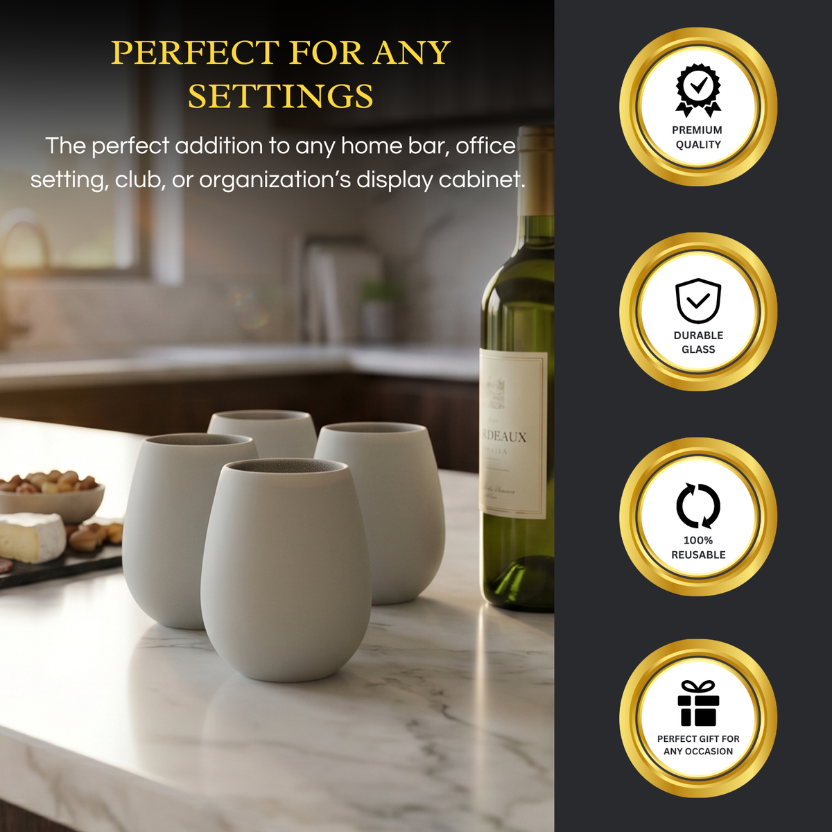 Unbreakable Silicone Stemless Wine Cups, Set of 4, White