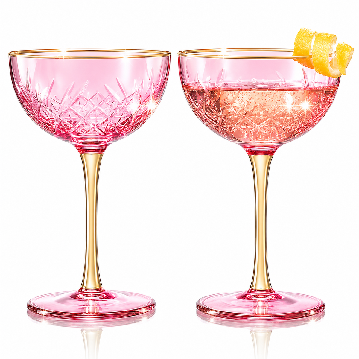 Vintage Art Deco Coupe Glasses, 7 oz, Set of 2, Pink