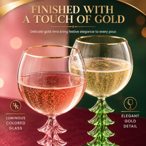 Christmas Tree Crystal Wine Glass, Gold Rim, 12 oz