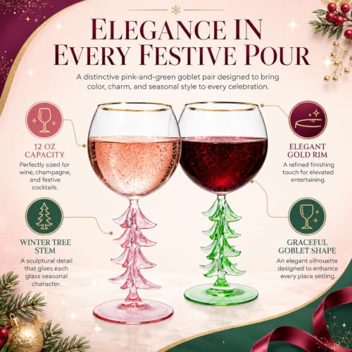Christmas Tree Crystal Wine Glass, Gold Rim, 12 oz