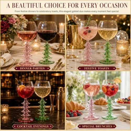 Christmas Tree Crystal Wine Glass, Gold Rim, 12 oz