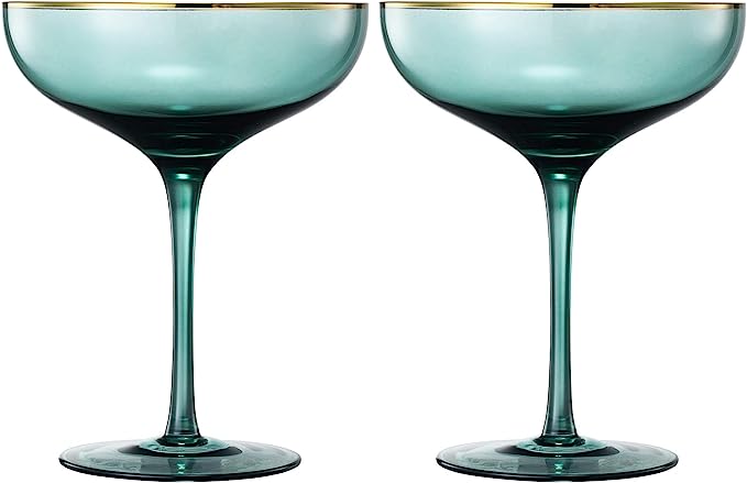 Green Gilded-Rim Wine Glasses, 9 oz, Set of 2
