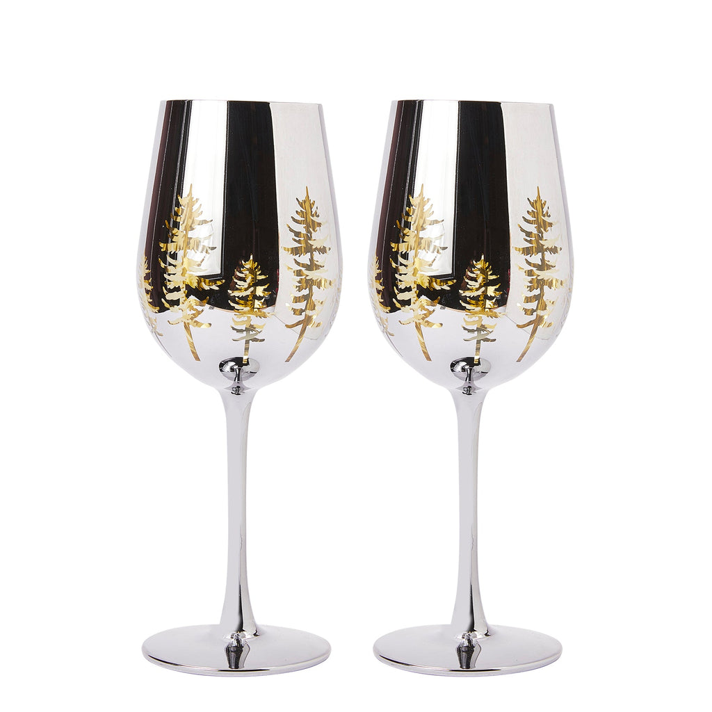 Christmas Tree Stemmed Wine Glasses, Gold Etched, Set of 2