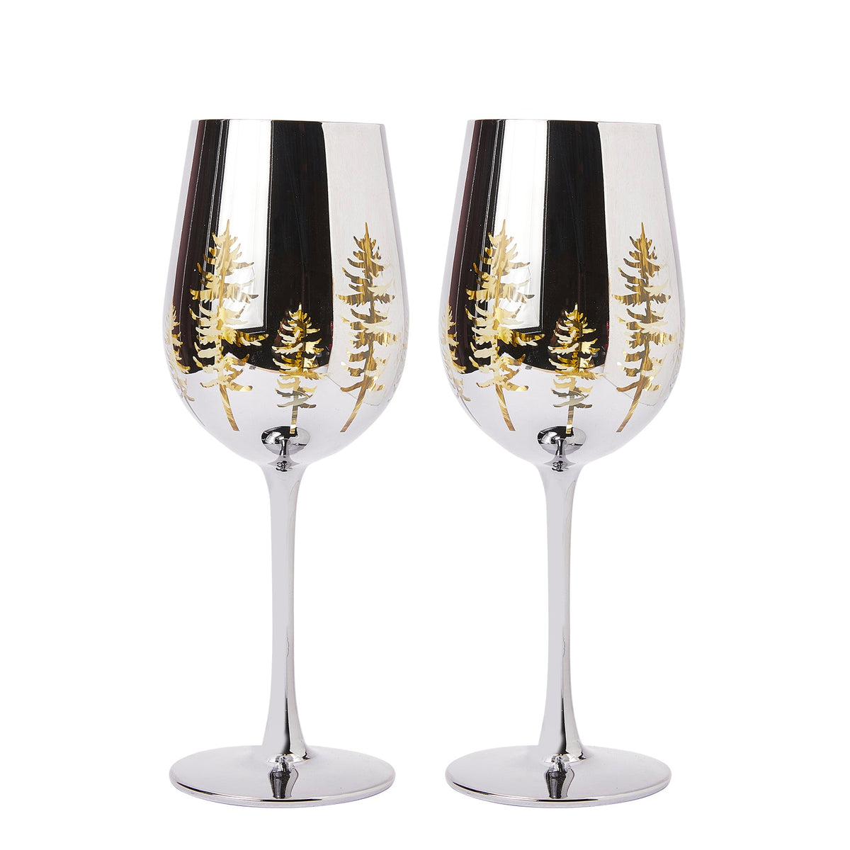Christmas Tree Stemmed Wine Glasses, Gold Etched, Set of 2