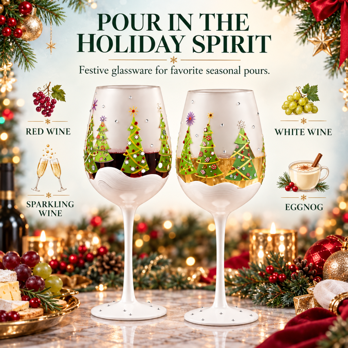 Christmas Tree Stemmed Wine Glasses, 14 oz, Set of 2