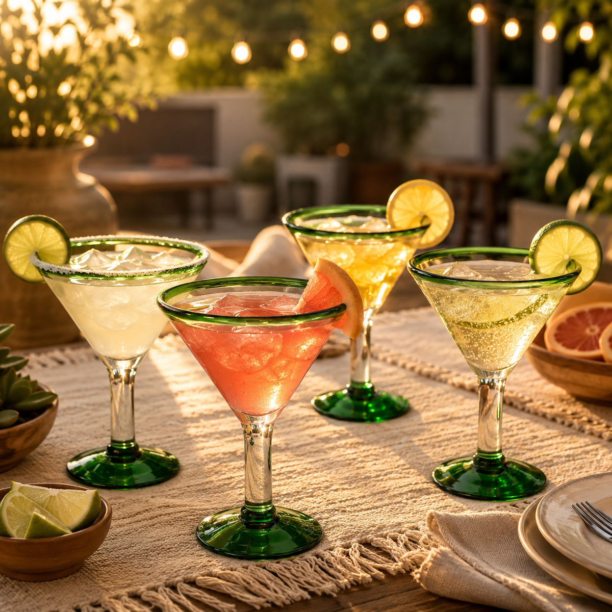 Hand-Blown Green Margarita Glasses, Set of 4
