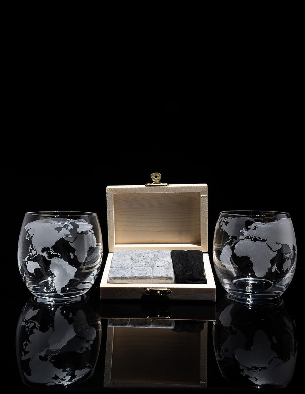 Globe Whiskey Decanter with 2 Etched Glasses