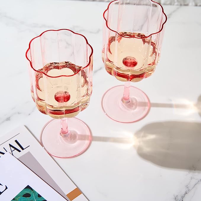 Flower Vintage Wine Glasses, 13 oz, Set of 2, Pink