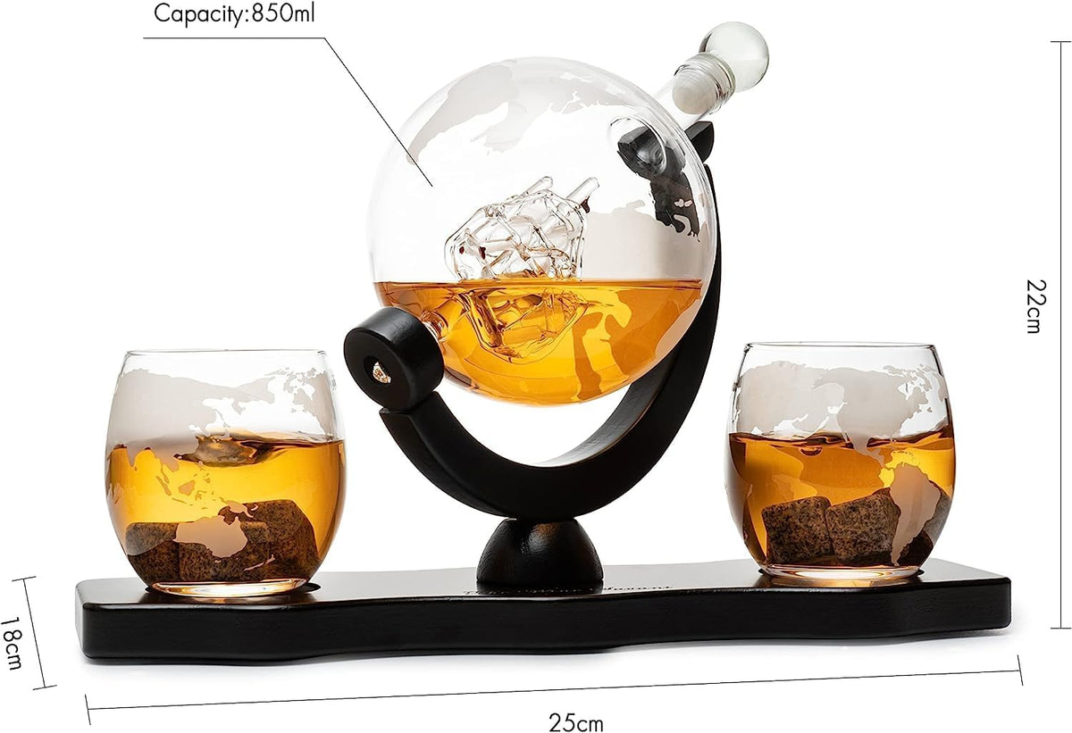 Globe Whiskey Decanter with 2 Etched Glasses