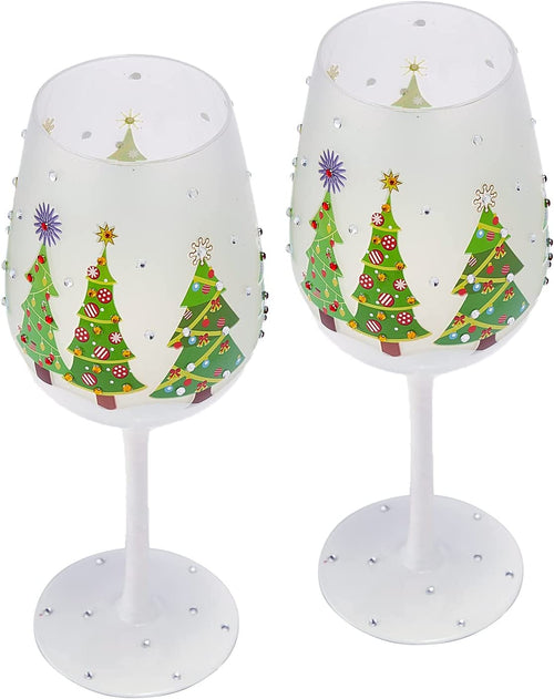 Christmas Tree Stemmed Wine Glasses, 14 oz, Set of 2