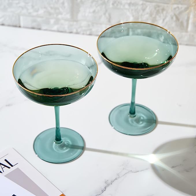 Green Gilded-Rim Wine Glasses, 9 oz, Set of 2