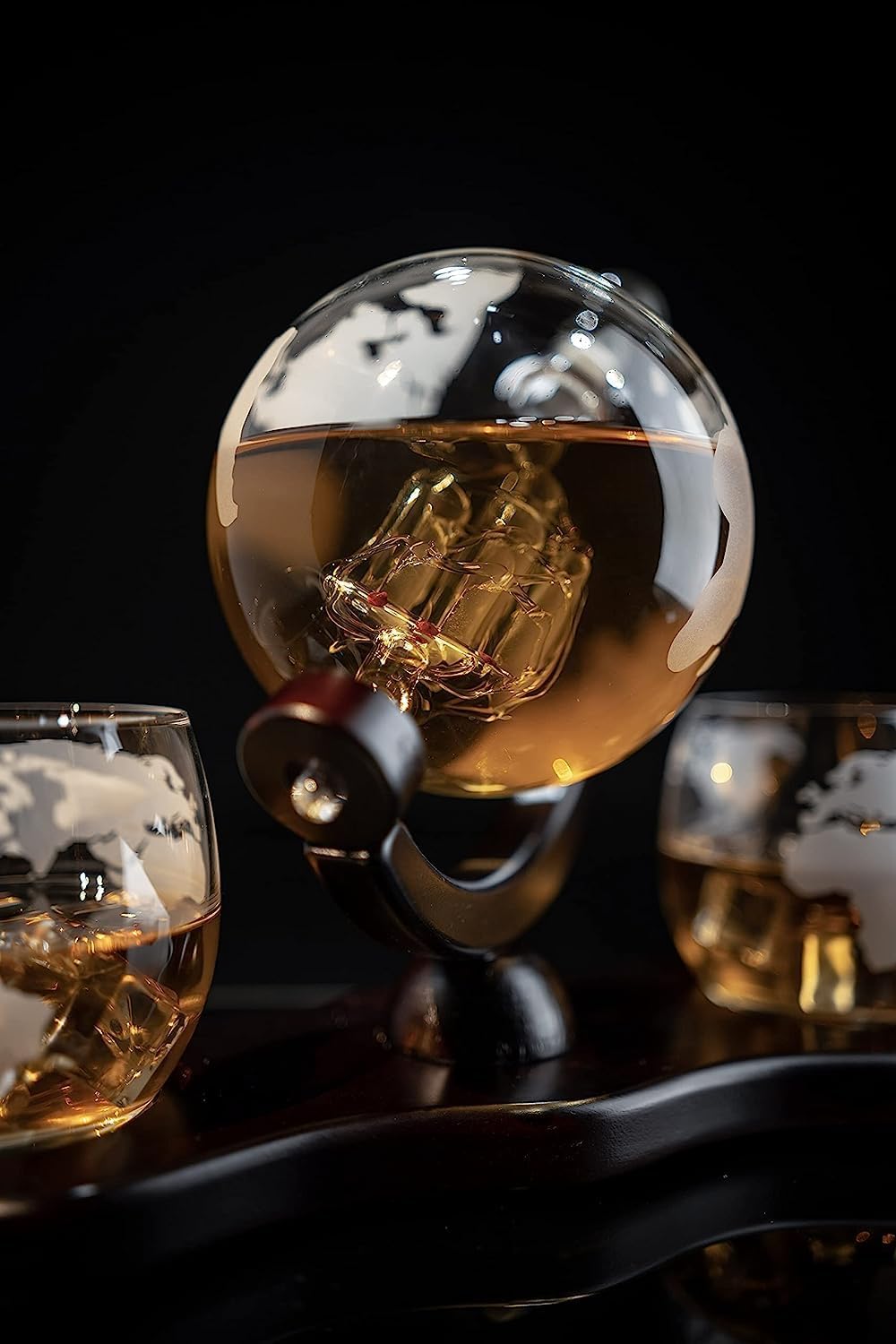 Globe Whiskey Decanter with 2 Etched Glasses