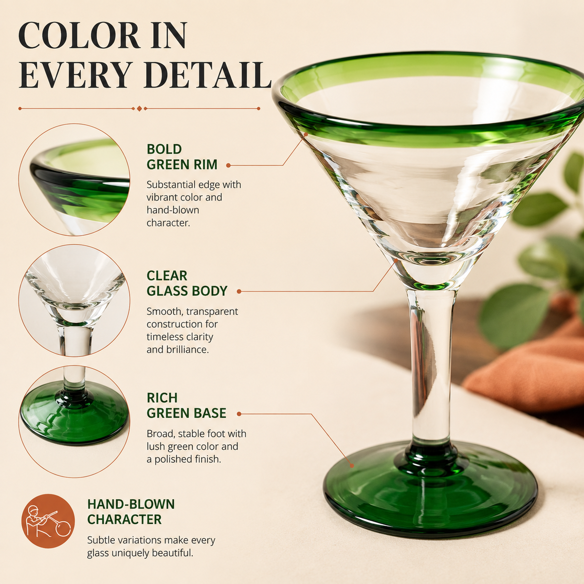 Hand-Blown Green Margarita Glasses, Set of 4