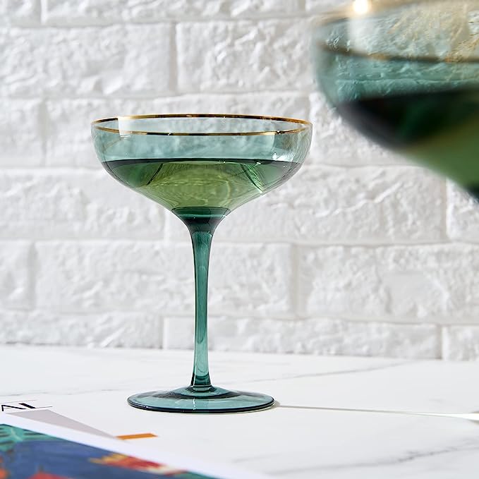 Green Gilded-Rim Wine Glasses, 9 oz, Set of 2