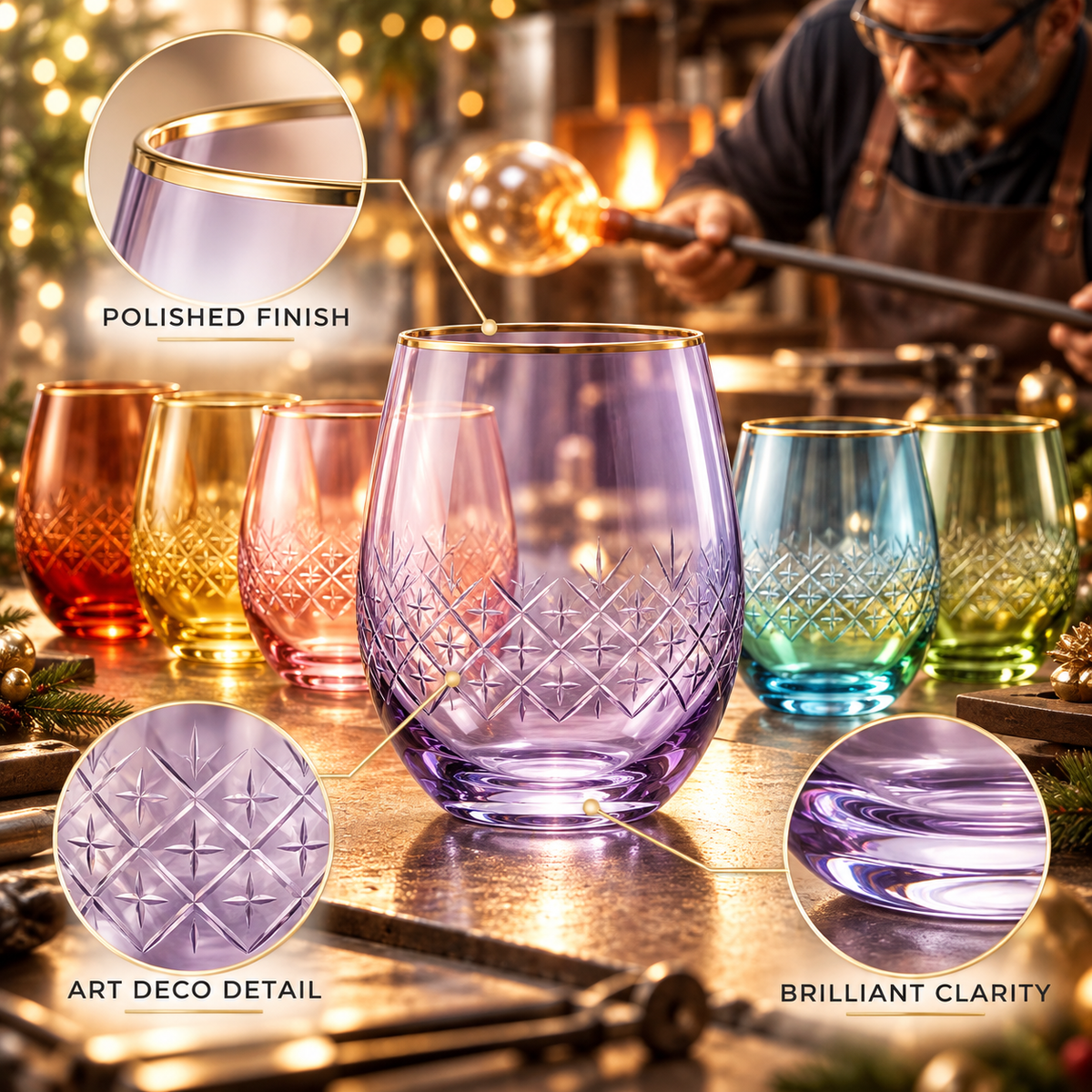 Art Deco Stemless Wine Glasses, Set of 6