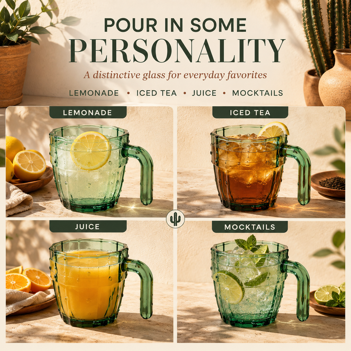 Cactus Stackable Glasses with Handles, 10 oz, Set of 6