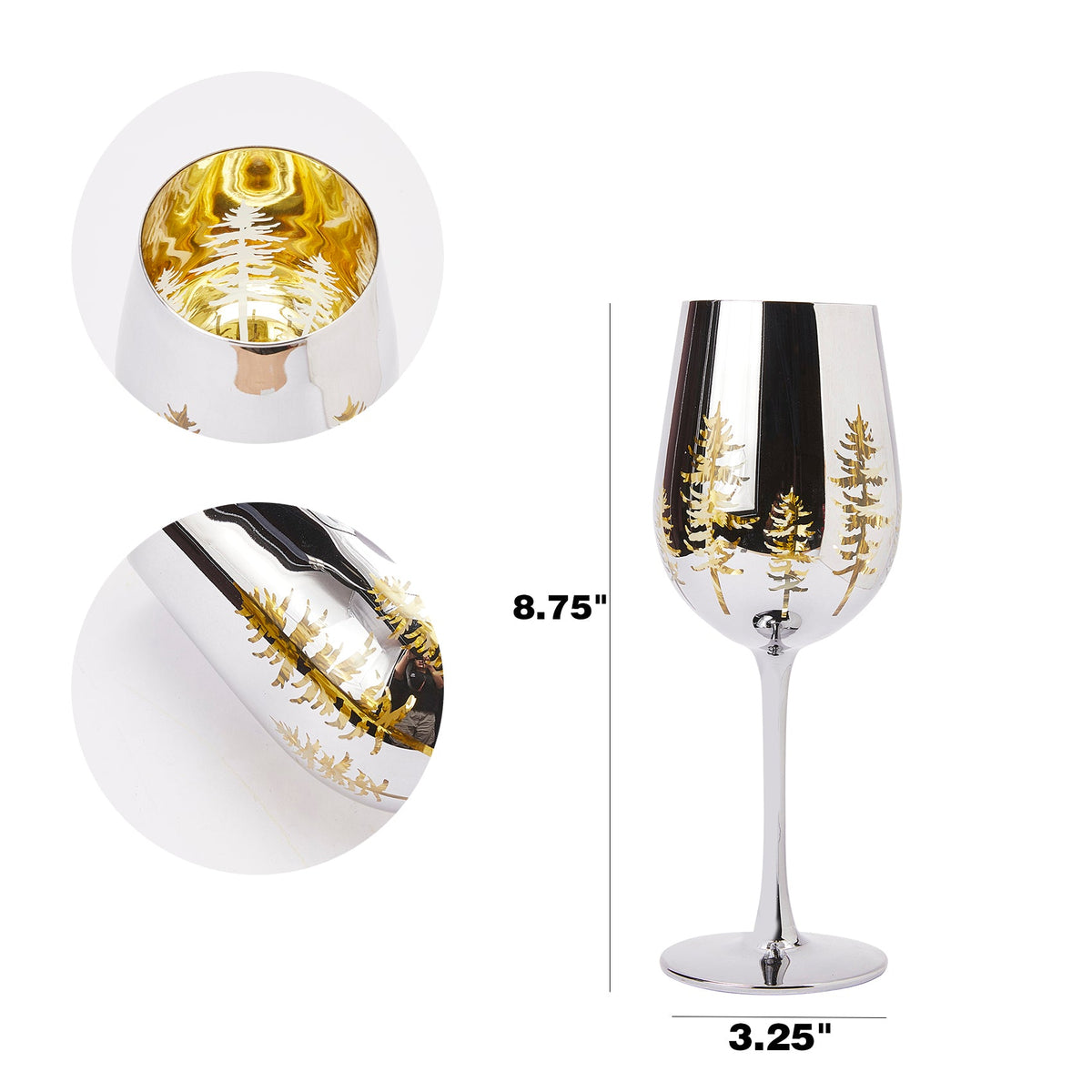 Christmas Tree Stemmed Wine Glasses, Gold Etched, Set of 2