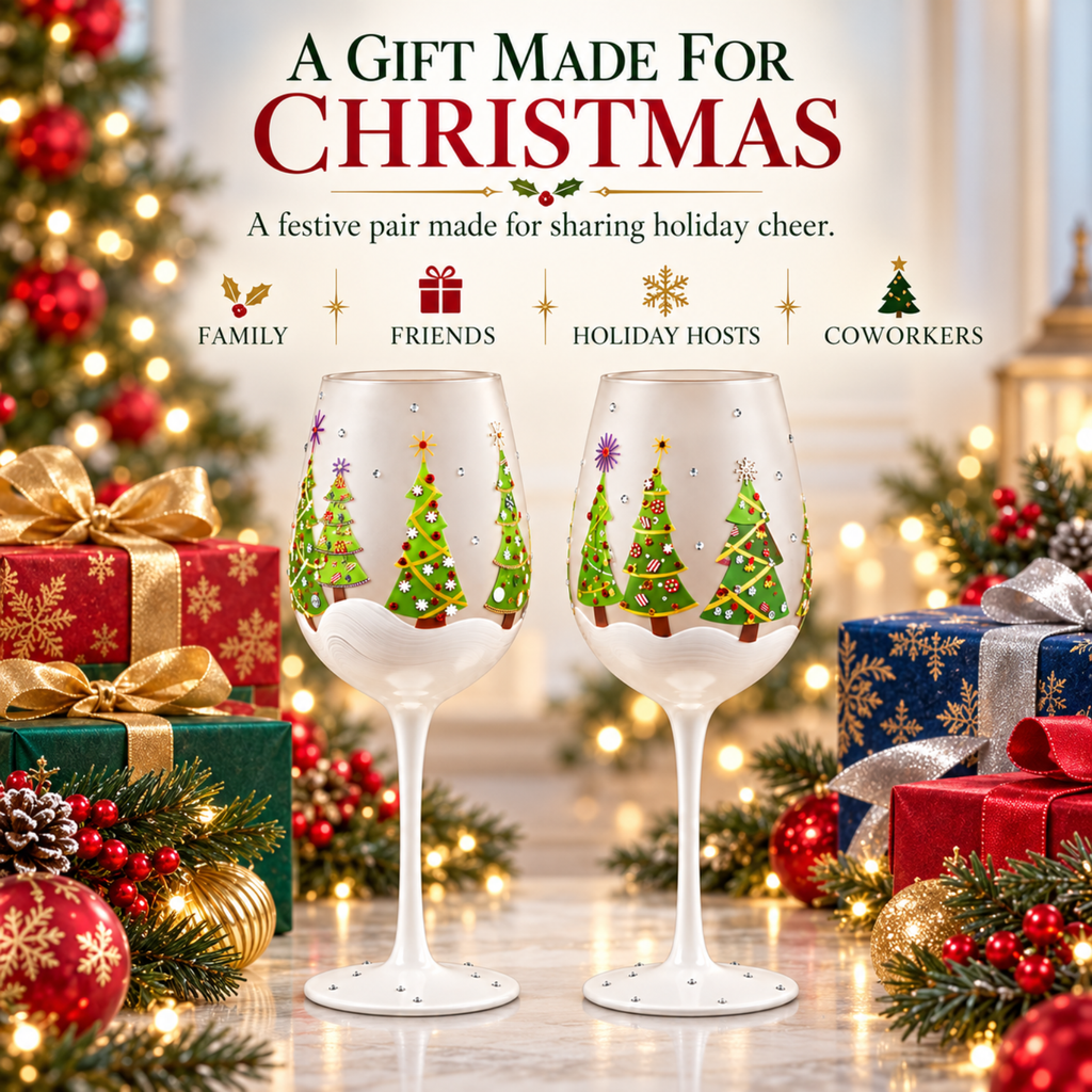 Christmas Tree Stemmed Wine Glasses, 14 oz, Set of 2