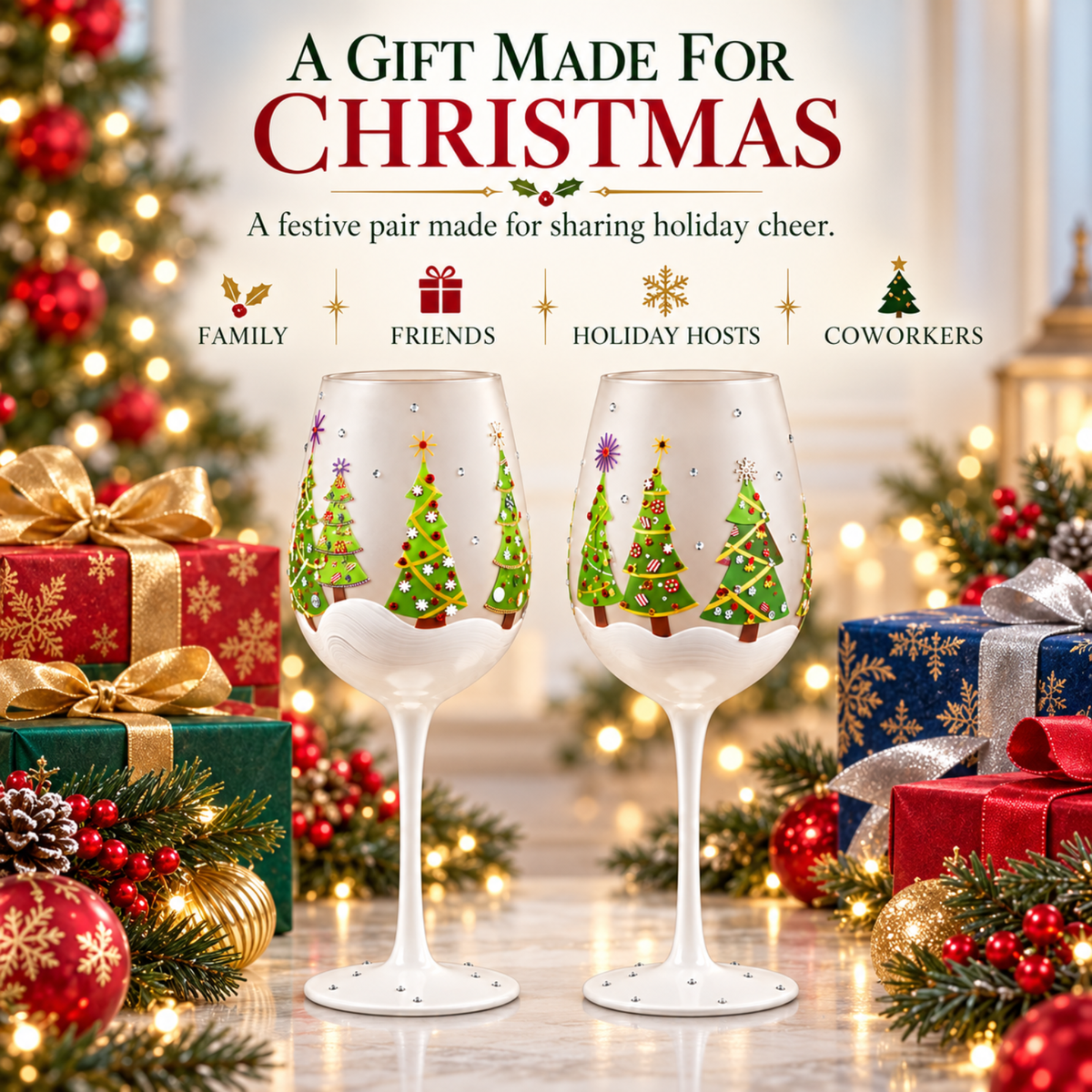 Christmas Tree Stemmed Wine Glasses, 14 oz, Set of 2