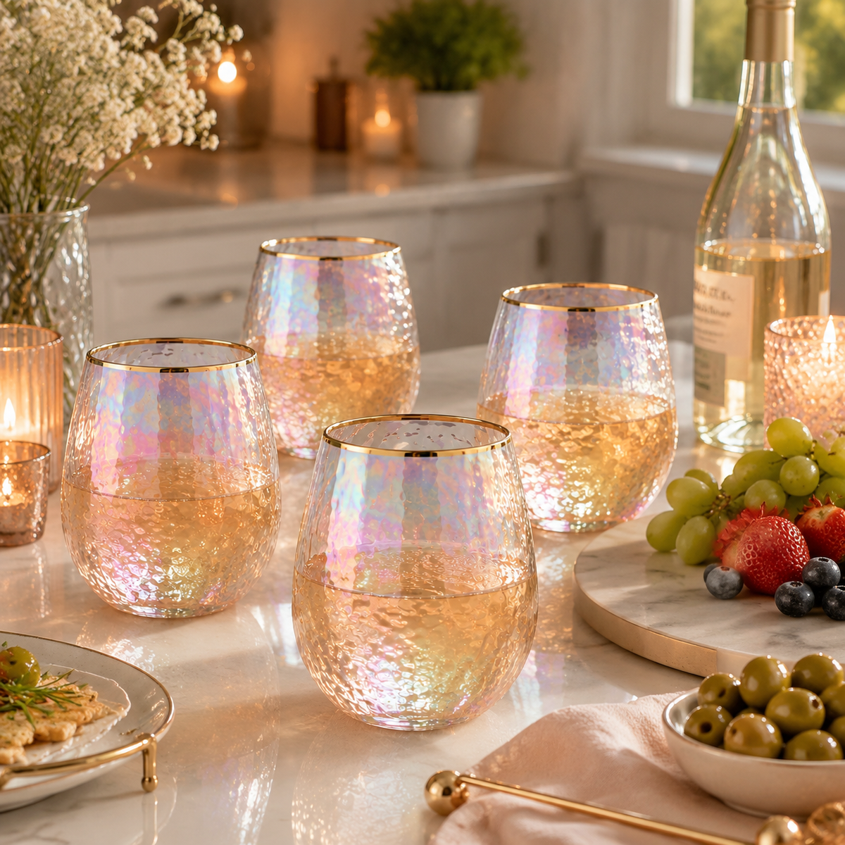 Lustered Iridescent Stemless Wine Glasses