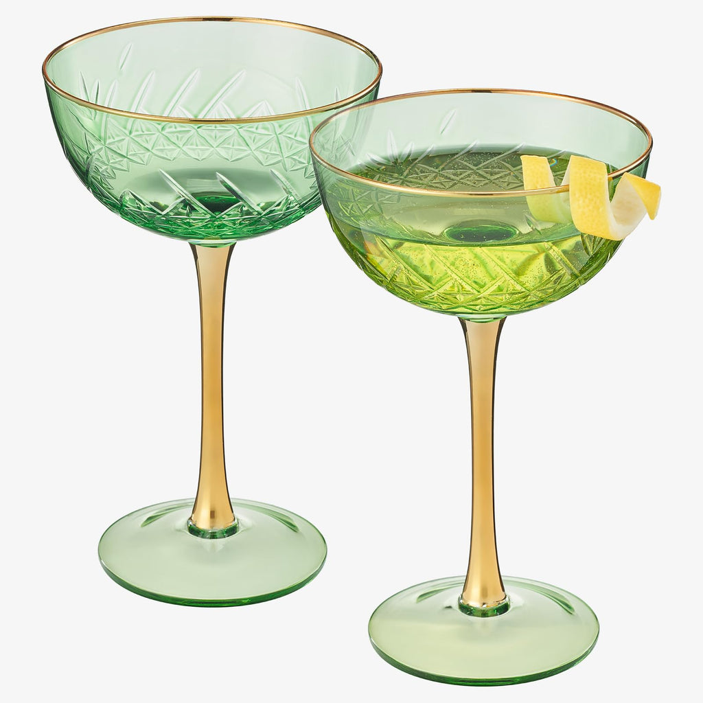 Vintage Art Deco Coupe Glasses, 7 oz, Set of 2, Green