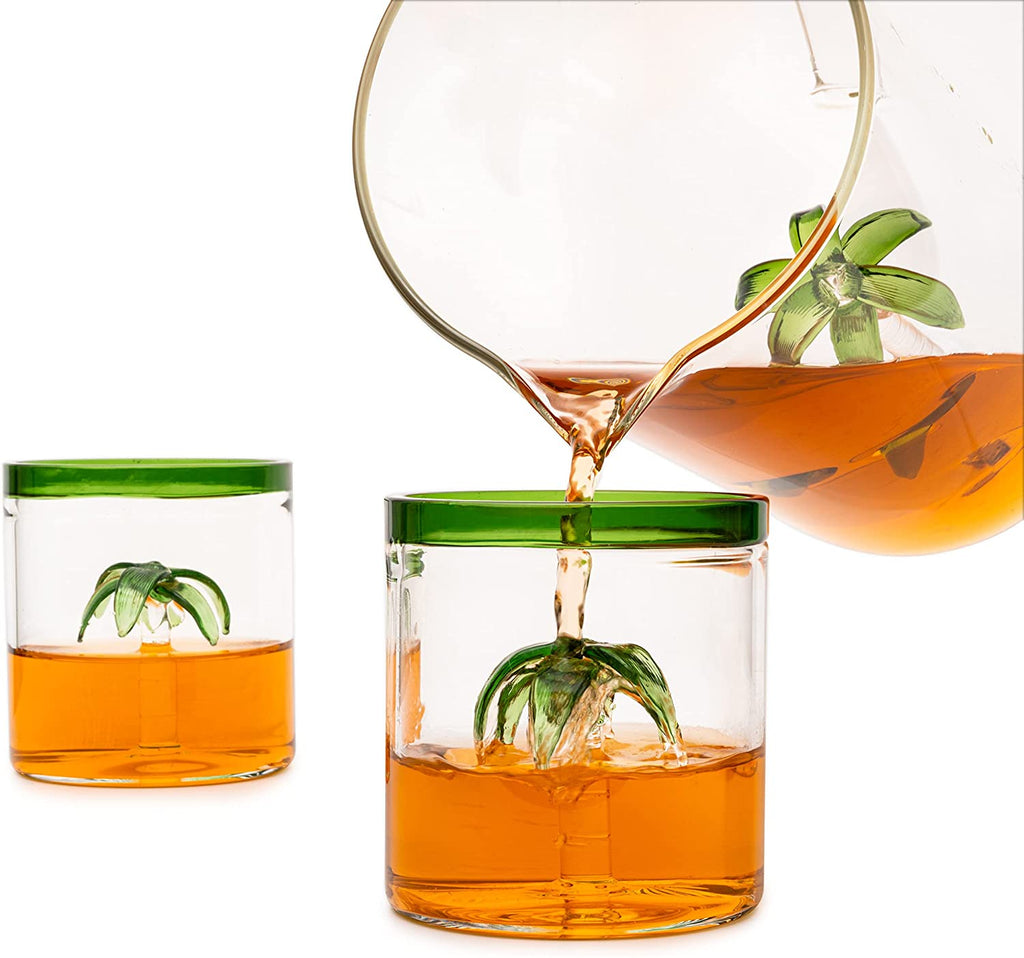 Palm Tree Pitcher with 4 Green-Rim Glasses