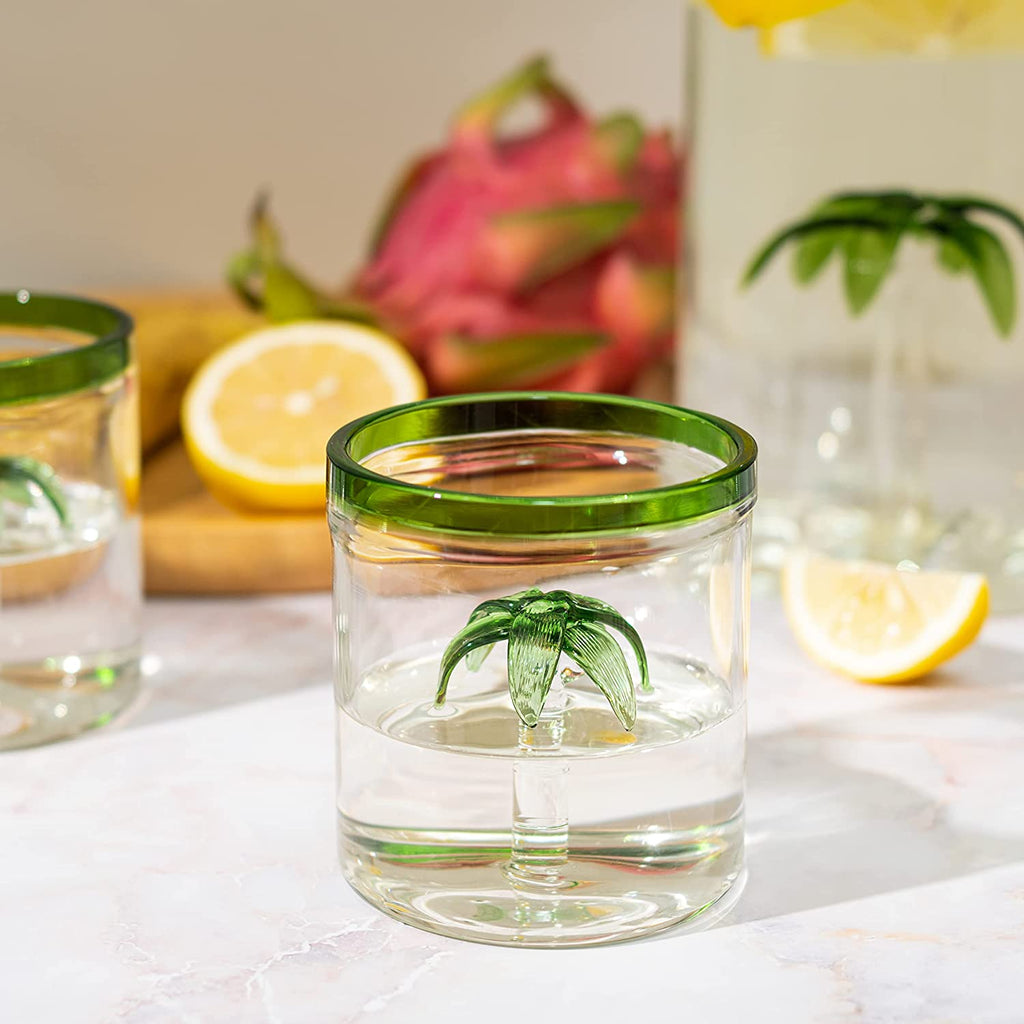 Palm Tree Pitcher with 4 Green-Rim Glasses