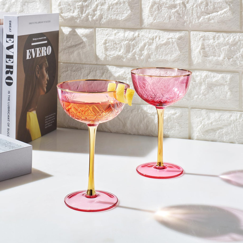 Vintage Art Deco Coupe Glasses, 7 oz, Set of 2, Pink